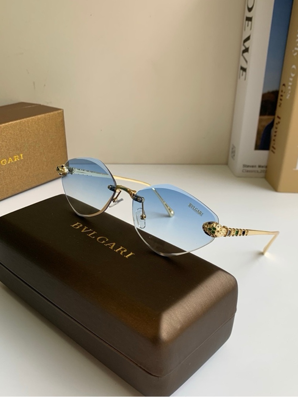 Bulgari Blue Gradient Rimless Glass Art Sunglasses with Gold Accents